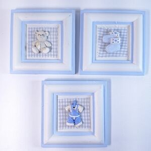 Vintage Baby Boy Nursery Wall Decor Set Plaster Mini Frames Blue Gingham